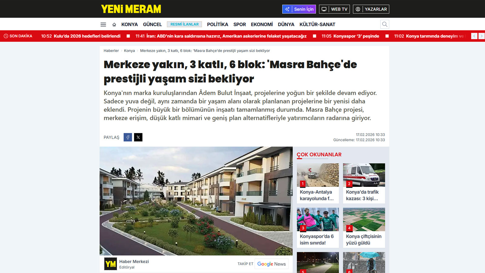 Merkeze yakın, 3 katlı, 6 blok: 'Masra Bah&ccedil;e'de prestijli yaşam sizi bekliyor | Yeni Meram || Adem Bulut İnşaat | Çeyrek Asırlık Tecrübe ve Güven - İnşaa ettiği binlerce yaşam çalışma alanı ve mutlu müşteriyle çeyrek asırdan beri şehrin lider konut vesanayi tesisi üreticisi. 