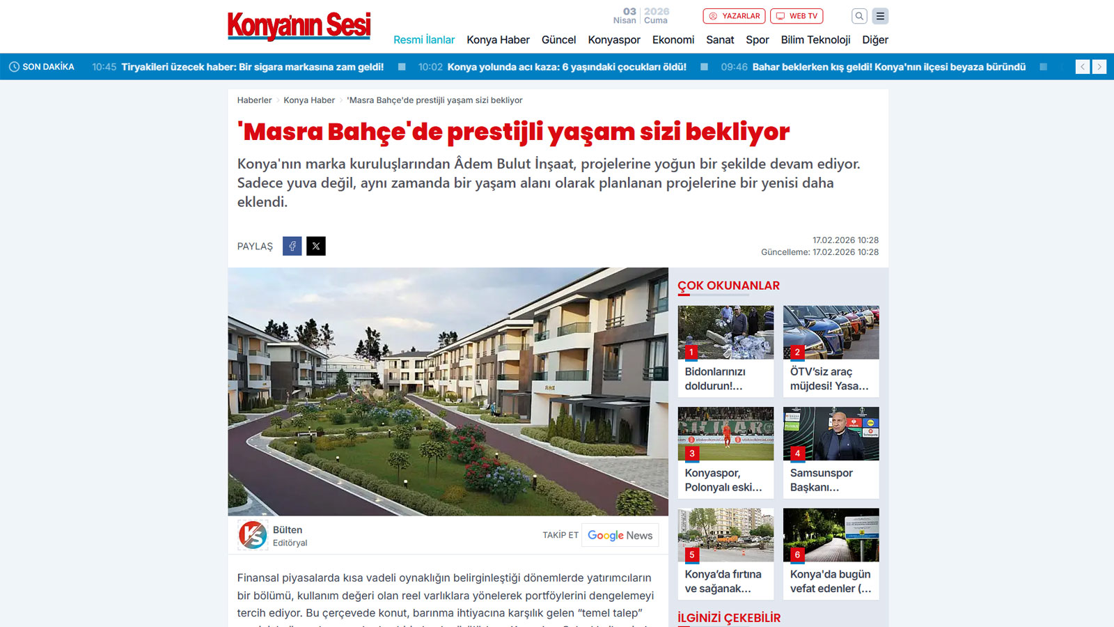'Masra Bah&ccedil;e'de prestijli yaşam sizi bekliyor | Konya'nın Sesi || Adem Bulut İnşaat | Çeyrek Asırlık Tecrübe ve Güven - İnşaa ettiği binlerce yaşam çalışma alanı ve mutlu müşteriyle çeyrek asırdan beri şehrin lider konut vesanayi tesisi üreticisi. 