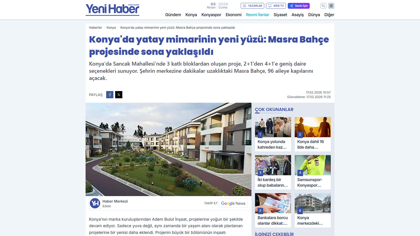 Konya'da yatay mimarinin yeni y&uuml;z&uuml;: Masra Bah&ccedil;e projesinde sona yaklaşıldı | Konya Yeni Haber || Adem Bulut İnşaat | Çeyrek Asırlık Tecrübe ve Güven - İnşaa ettiği binlerce yaşam çalışma alanı ve mutlu müşteriyle çeyrek asırdan beri şehrin lider konut vesanayi tesisi üreticisi. 