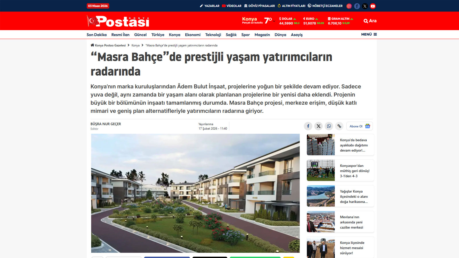"Masra Bah&ccedil;e" de prestijli yaşam yatırımcıların radarında | Konya Postası || Adem Bulut İnşaat | Çeyrek Asırlık Tecrübe ve Güven - İnşaa ettiği binlerce yaşam çalışma alanı ve mutlu müşteriyle çeyrek asırdan beri şehrin lider konut vesanayi tesisi üreticisi. 